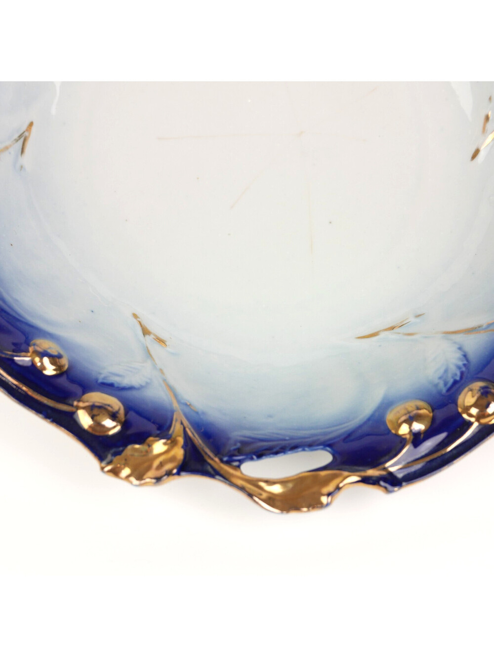 Antique Flow Blue Porcelain Bowl 10.4" Gold Gilt Embossed Cherries Openwork Rim - Picture 7 of 12